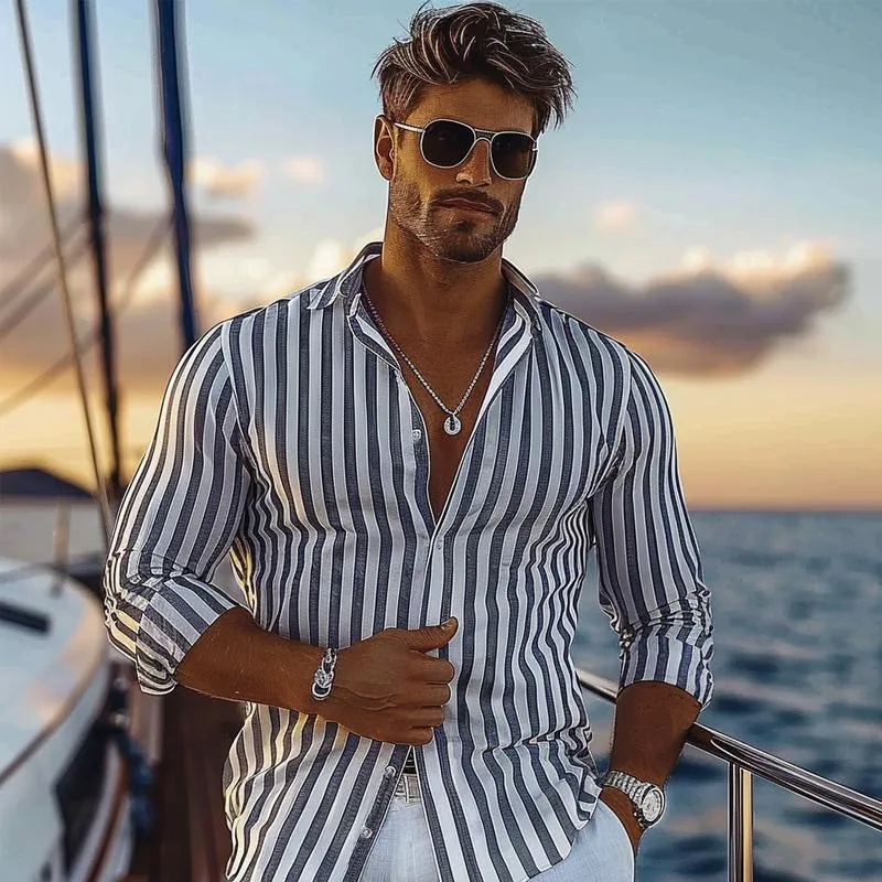 Men's Resort Striped Printed Cotton and Linen Long-sleeved Shirt 55370935X sold by Manly product image thumbnail 4