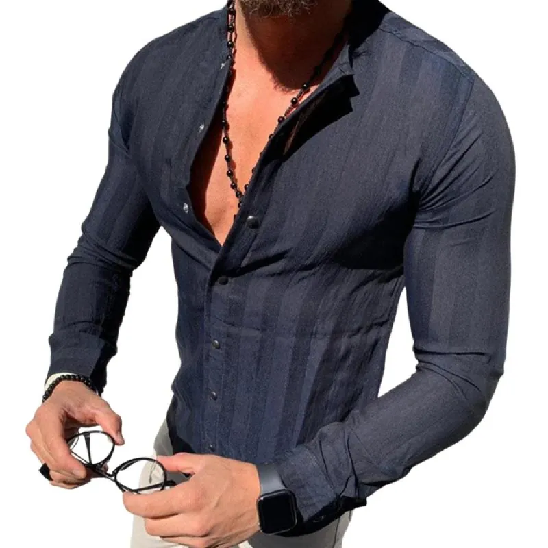 Men's Retro Casual Striped Stand Collar Long Sleeve Shirt 60265902TO sold by Manly