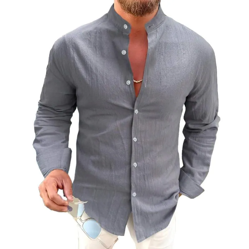 Men's Casual Solid Color Stand Collar Long Sleeve Shirt 50375285TO sold by Manly