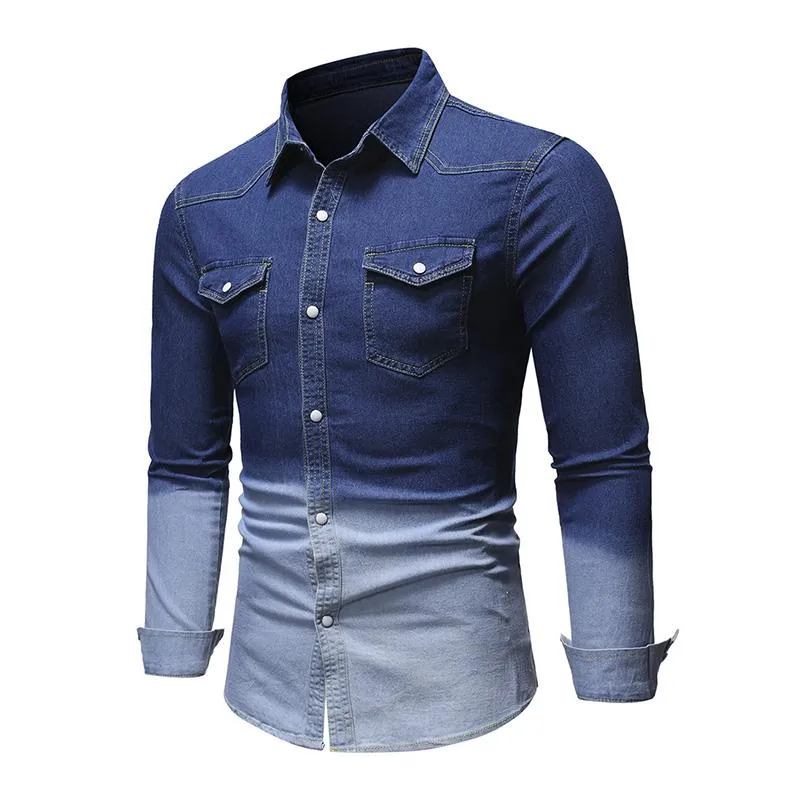 Men's Casual Lapel Gradient Denim Long Sleeve Shirt 00626509M sold by Manly
