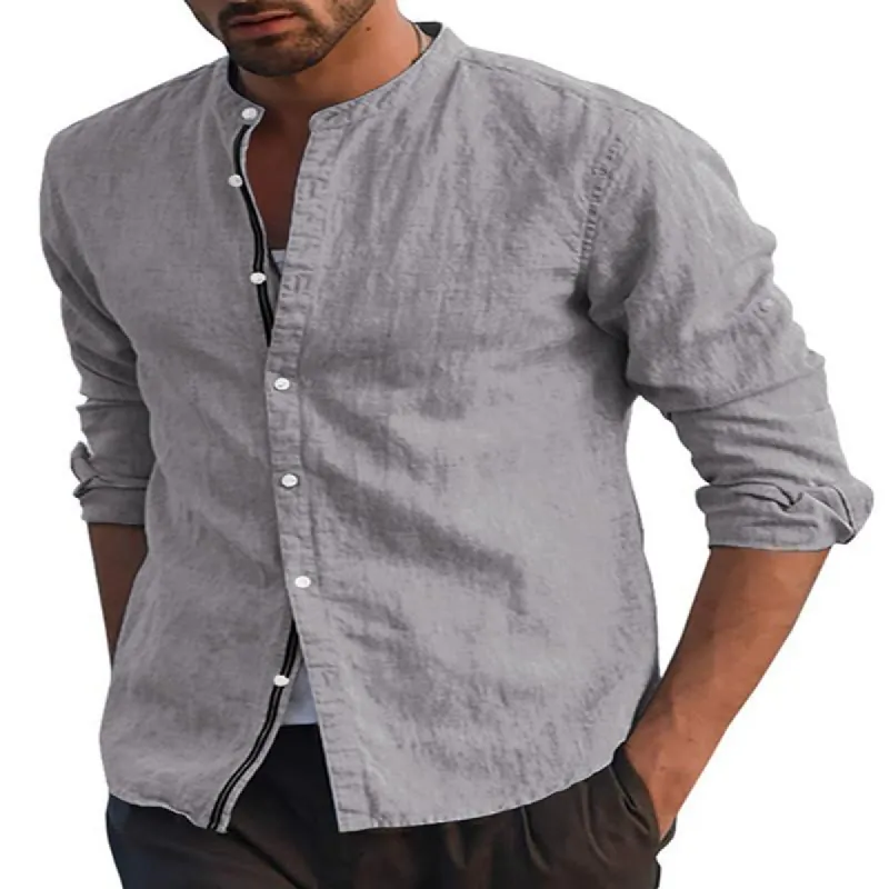 Men's Casual Long Sleeve Shirt Solid Color Simple Loose Stand Collar Shirt 55411530X sold by Manly