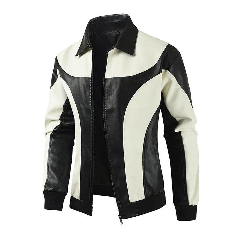 Men's Stylish Colorblock Pathcwork Lapel Leather Motorcycle Jacket 84370903M sold by Manly