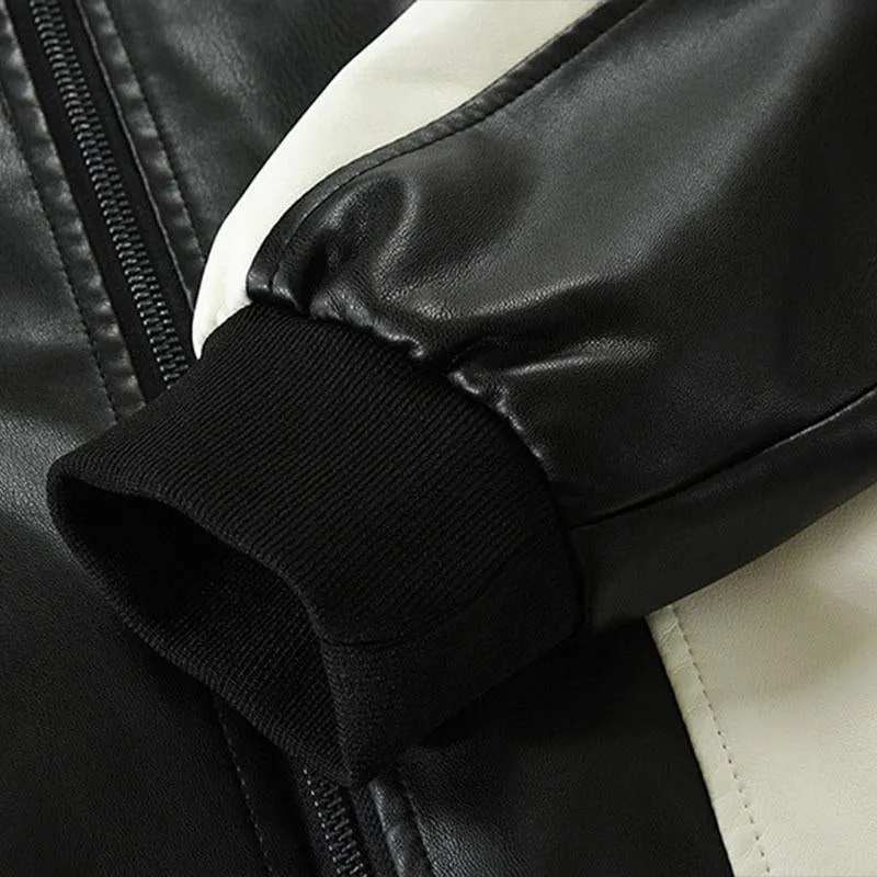 Men's Stylish Colorblock Pathcwork Lapel Leather Motorcycle Jacket 84370903M sold by Manly product image thumbnail 5