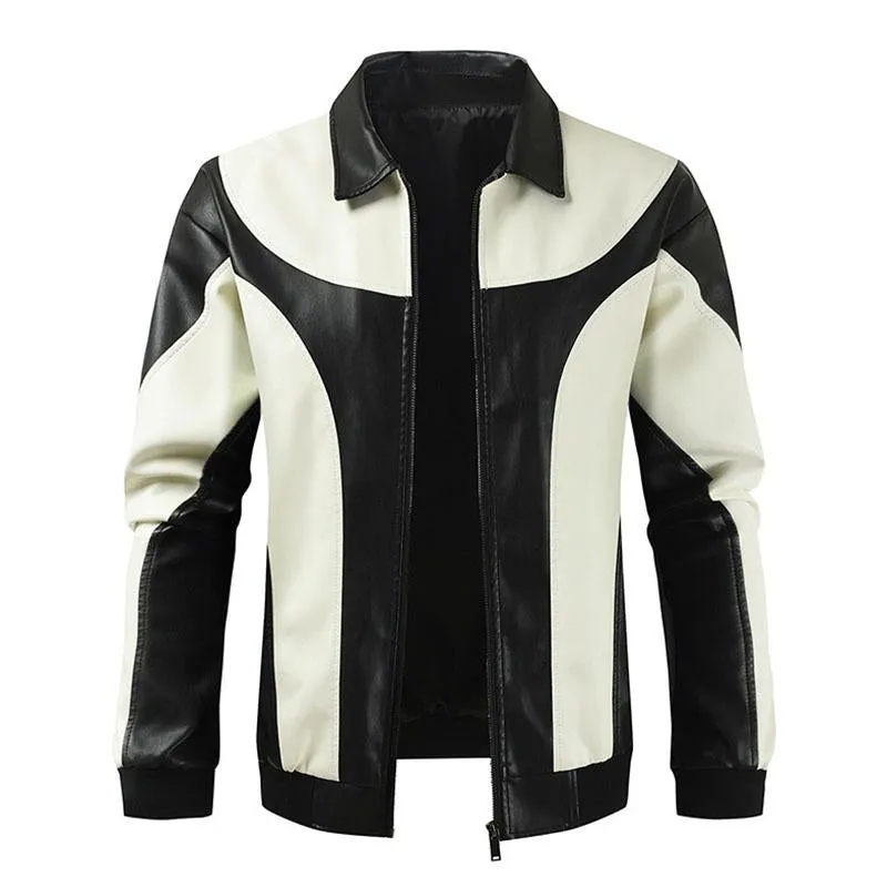 Men's Stylish Colorblock Pathcwork Lapel Leather Motorcycle Jacket 84370903M sold by Manly product image thumbnail 2