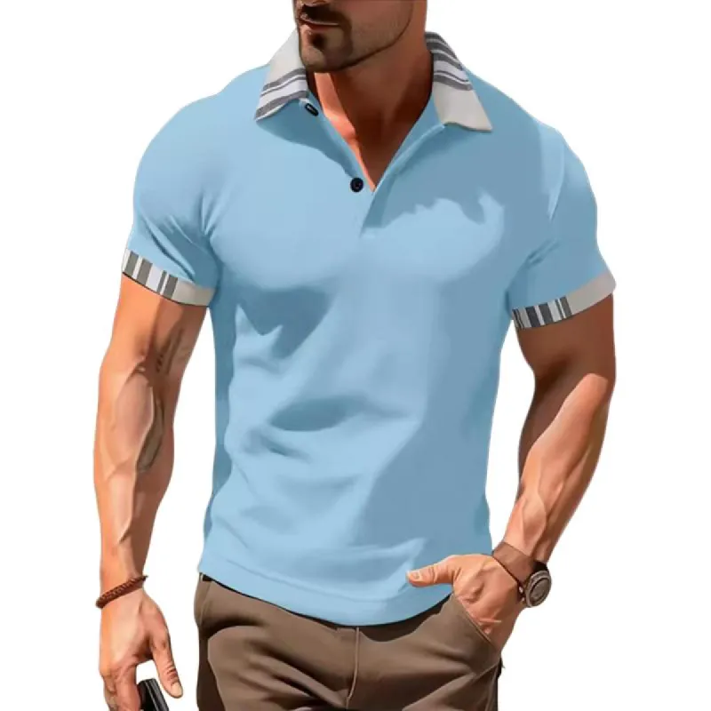 Men's Striped Patchwork Lapel Short Sleeve Polo Shirt 47778543Z sold by Manly