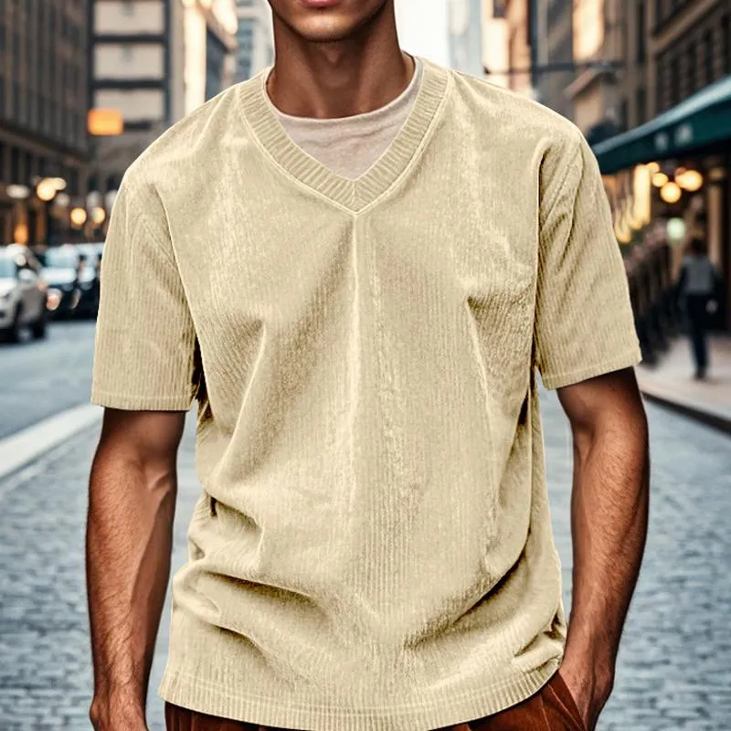 Men's Vintage Short Sleeve Solid Color V-Neck Corduroy T-Shirt 77686667X sold by Manly product image thumbnail 4