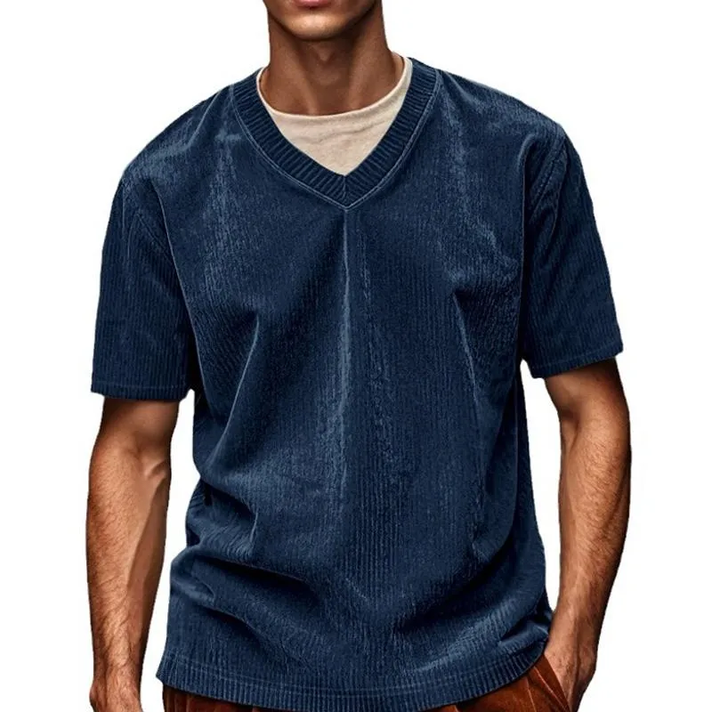 Men's Vintage Short Sleeve Solid Color V-Neck Corduroy T-Shirt 77686667X sold by Manly