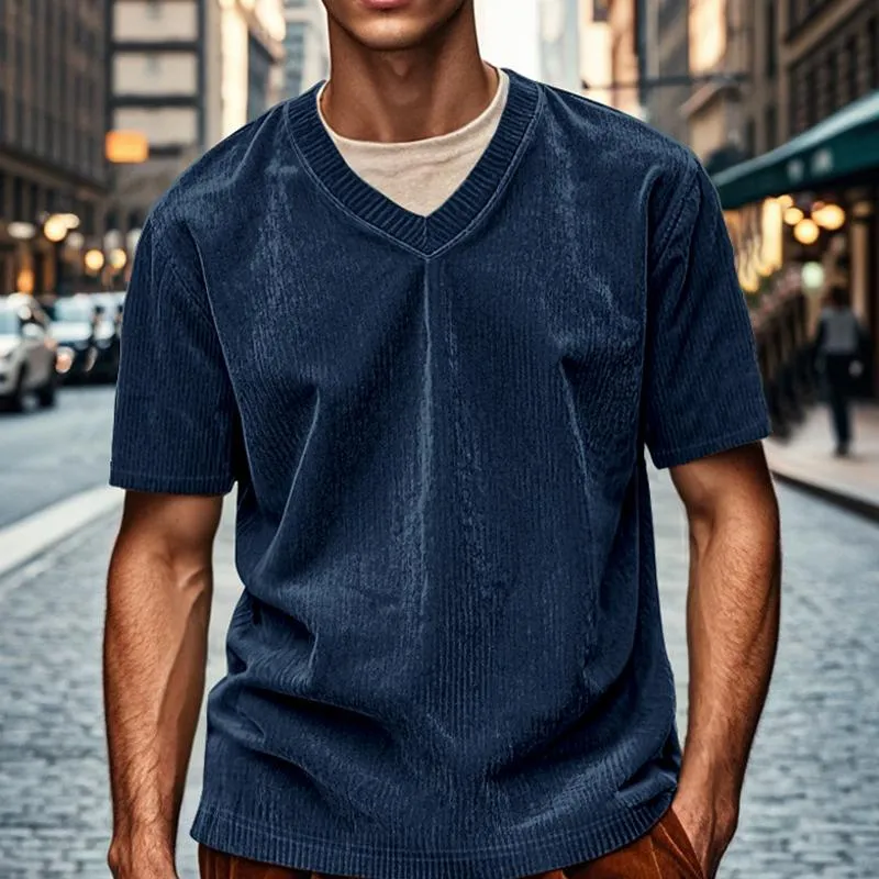 Men's Vintage Short Sleeve Solid Color V-Neck Corduroy T-Shirt 77686667X sold by Manly product image thumbnail 5