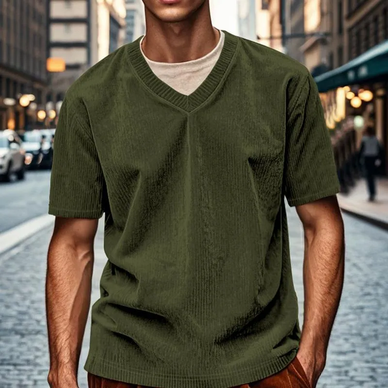 Men's Vintage Short Sleeve Solid Color V-Neck Corduroy T-Shirt 77686667X sold by Manly product image thumbnail 2