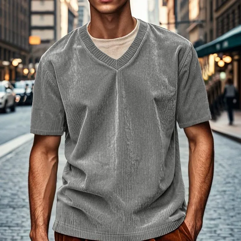 Men's Vintage Short Sleeve Solid Color V-Neck Corduroy T-Shirt 77686667X sold by Manly product image thumbnail 3