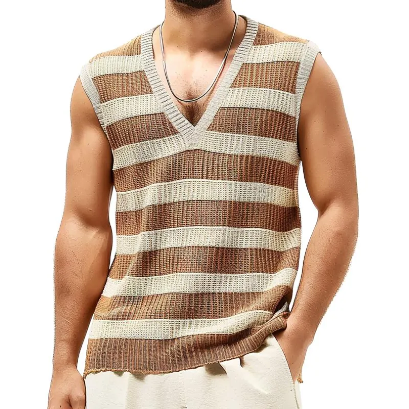 Men's Knitted Striped V-Neck Tank Top 60863291X sold by Manly