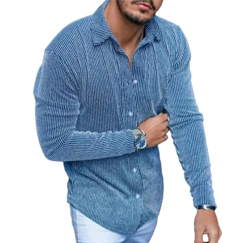 Men's Casual Striped Slim Lapel Long Sleeve Loose Shirt 22599360M sold by Manly