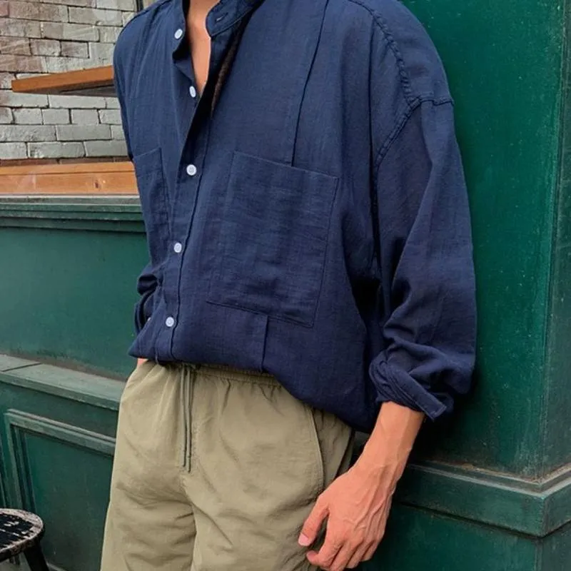 Men's Solid Loose Cotton And Linen Stand Collar Breast Pockets Long Sleeve Shirt 27441290Z sold by Manly product image thumbnail 4
