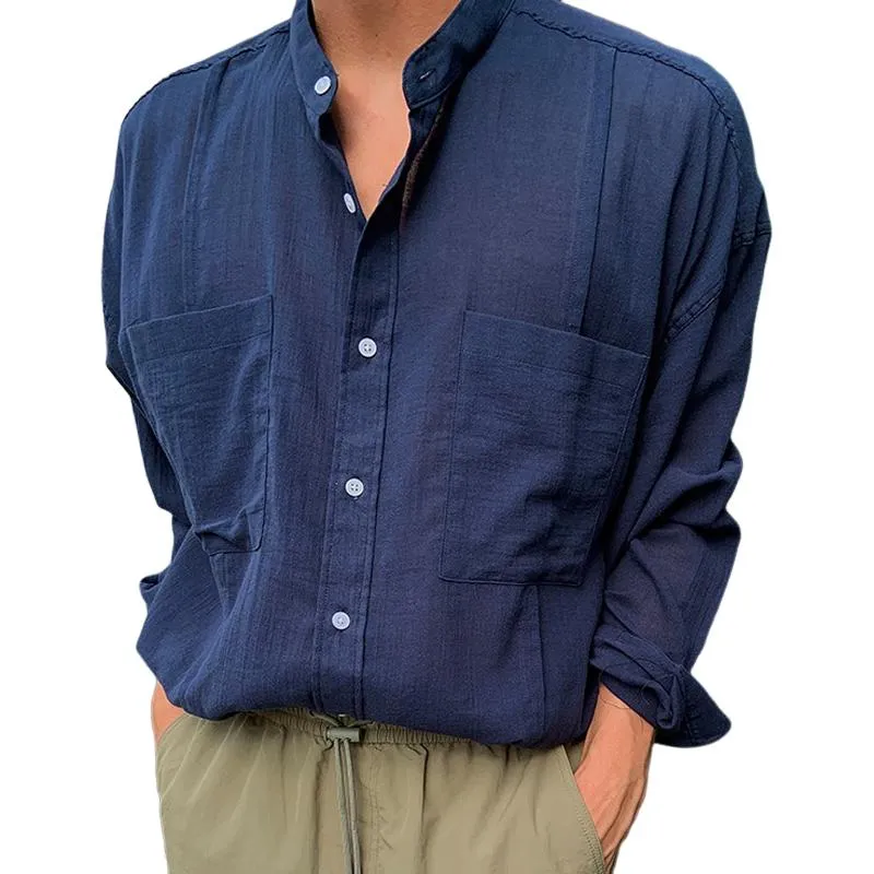 Men's Solid Loose Cotton And Linen Stand Collar Breast Pockets Long Sleeve Shirt 27441290Z sold by Manly