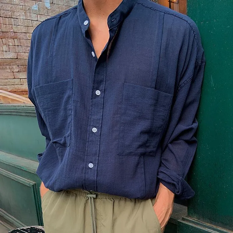 Men's Solid Loose Cotton And Linen Stand Collar Breast Pockets Long Sleeve Shirt 27441290Z sold by Manly product image thumbnail 3