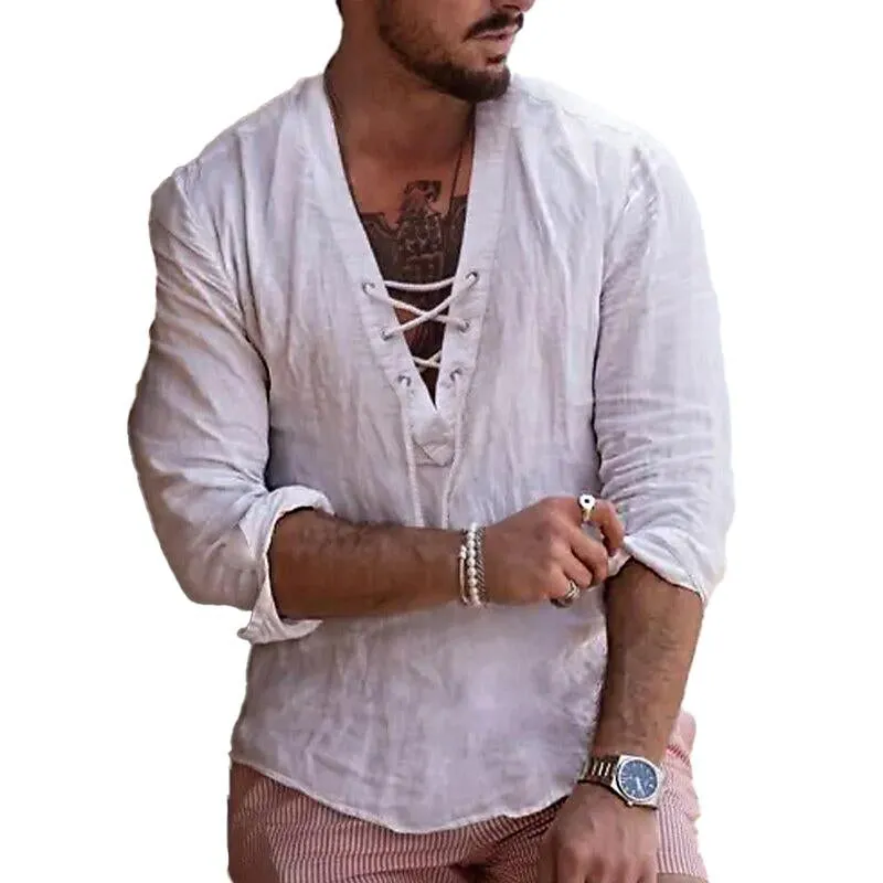 Men's Casual Solid Color Cotton Linen V Neck Tie Shirt 89277434Y sold by Manly