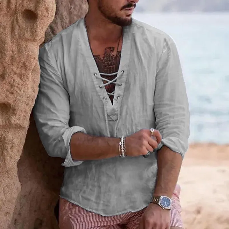 Men's Casual Solid Color Cotton Linen V Neck Tie Shirt 89277434Y sold by Manly product image thumbnail 4