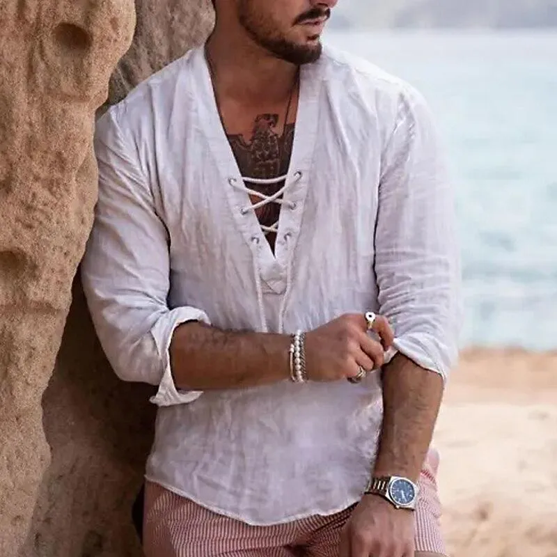 Men's Casual Solid Color Cotton Linen V Neck Tie Shirt 89277434Y sold by Manly product image thumbnail 2