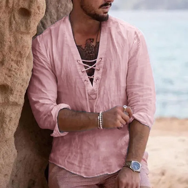 Men's Casual Solid Color Cotton Linen V Neck Tie Shirt 89277434Y sold by Manly product image thumbnail 5