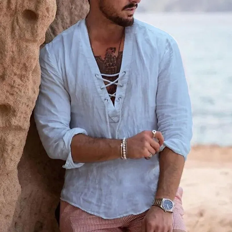 Men's Casual Solid Color Cotton Linen V Neck Tie Shirt 89277434Y sold by Manly product image thumbnail 3