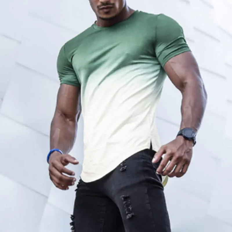Men's Round Neck Gradient Print Curved Hem Short Sleeve T-shirt 14871608Z sold by Manly product image thumbnail 5