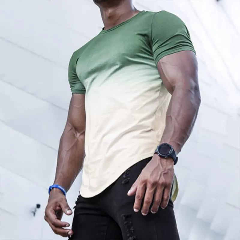 Men's Round Neck Gradient Print Curved Hem Short Sleeve T-shirt 14871608Z sold by Manly product image thumbnail 4