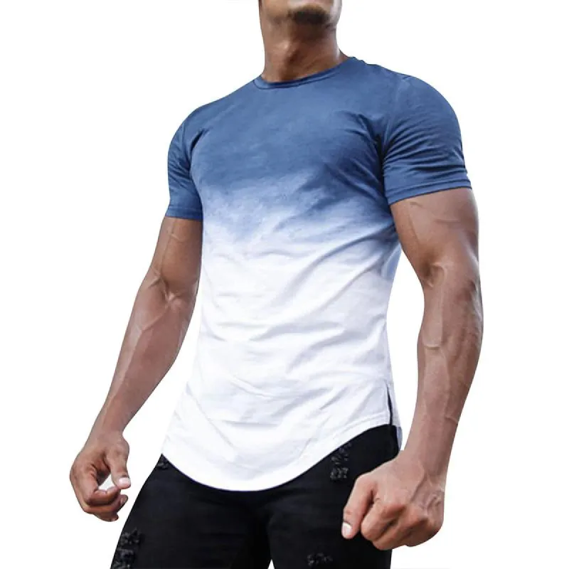 Men's Round Neck Gradient Print Curved Hem Short Sleeve T-shirt 14871608Z made by Manly