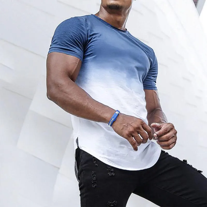 Men's Round Neck Gradient Print Curved Hem Short Sleeve T-shirt 14871608Z sold by Manly product image thumbnail 3