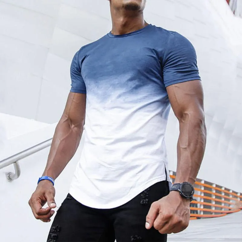 Men's Round Neck Gradient Print Curved Hem Short Sleeve T-shirt 14871608Z sold by Manly product image thumbnail 2