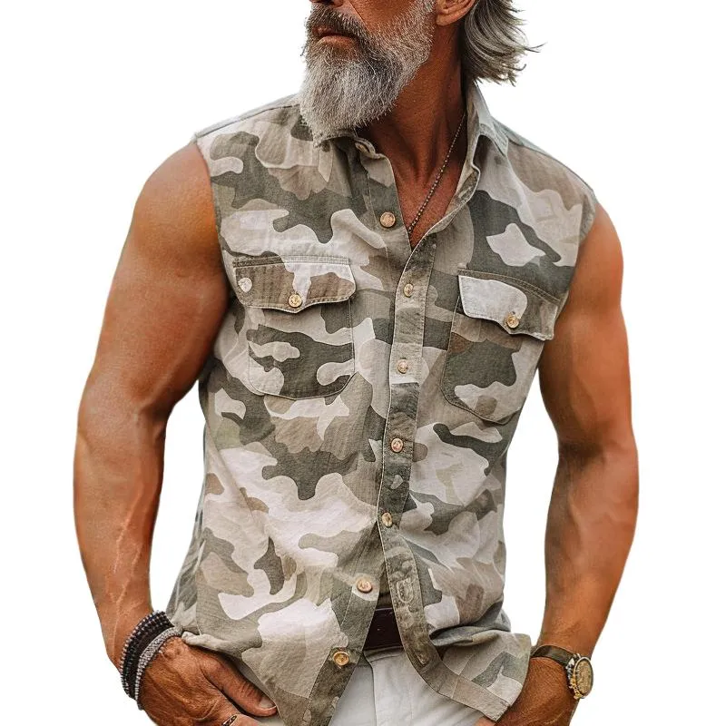 Men's Camouflage Lapel Chest Pocket Cargo Sleeveless Shirt 65724308TO sold by Manly