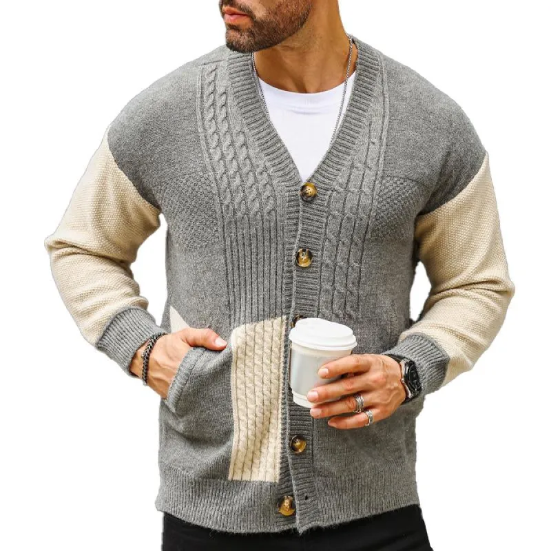 Men's Colorblock V-neck Cardigan Knitted Jacket 48320066X sold by Manly