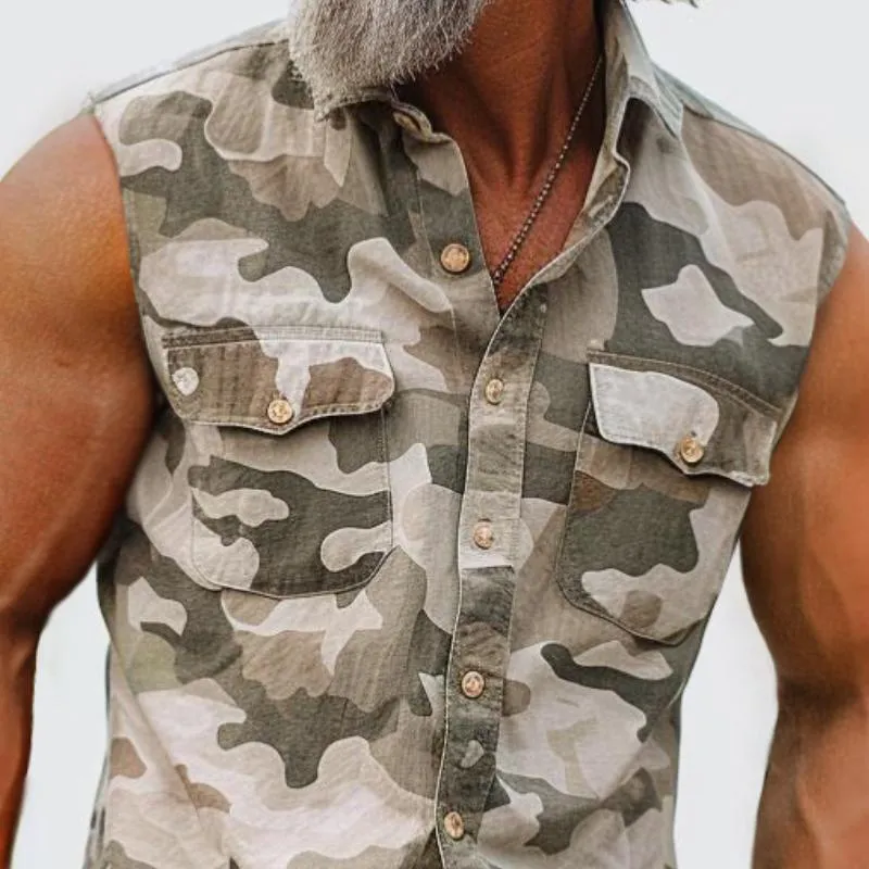 Men's Camouflage Lapel Chest Pocket Cargo Sleeveless Shirt 65724308TO sold by Manly product image thumbnail 3