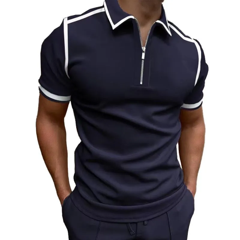 Men's Sports Short Sleeve Zipper Color Block Polo Shirt 81979829X made by Manly