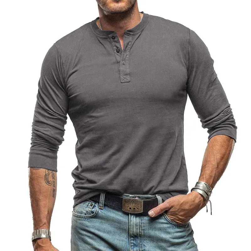 Men's Vintage Solid Color Henley Collar Long Sleeve T-Shirt 96415517Y sold by Manly