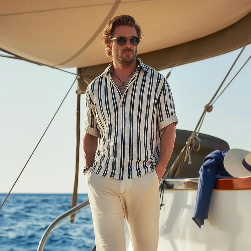 Men's Striped Lapel V-Neck Short Sleeve Shirt 27407407Y sold by Manly product image thumbnail 2