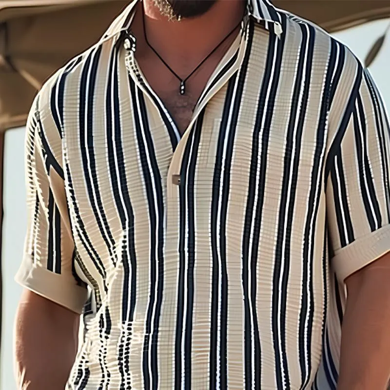 Men's Striped Lapel V-Neck Short Sleeve Shirt 27407407Y sold by Manly product image thumbnail 3