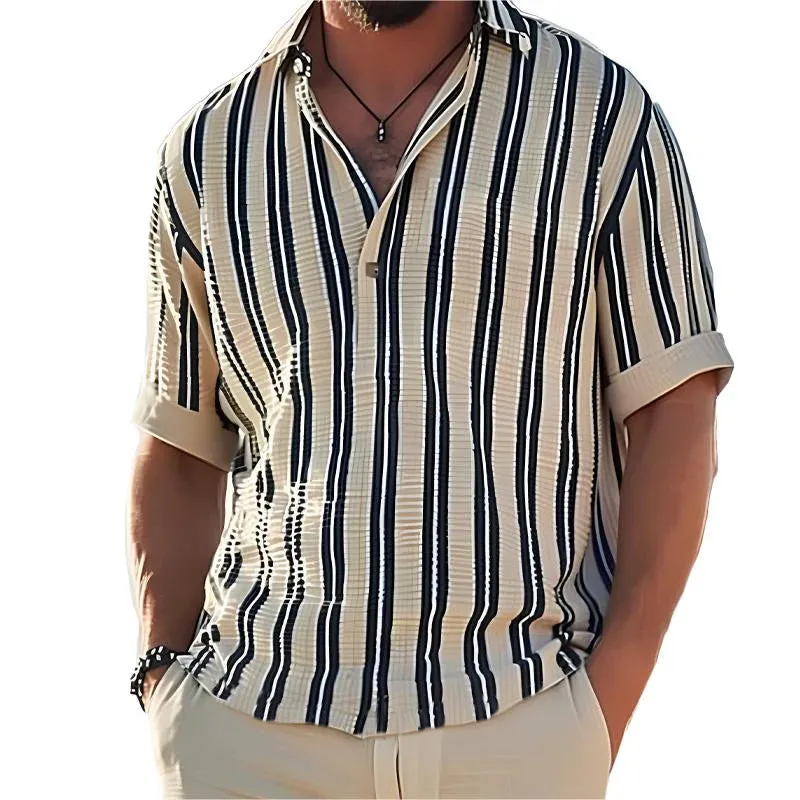Men's Striped Lapel V-Neck Short Sleeve Shirt 27407407Y sold by Manly