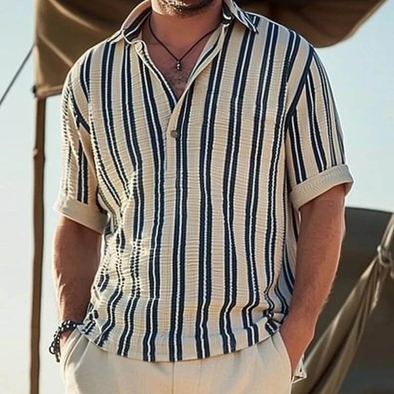 Men's Striped Lapel V-Neck Short Sleeve Shirt 27407407Y sold by Manly product image thumbnail 4