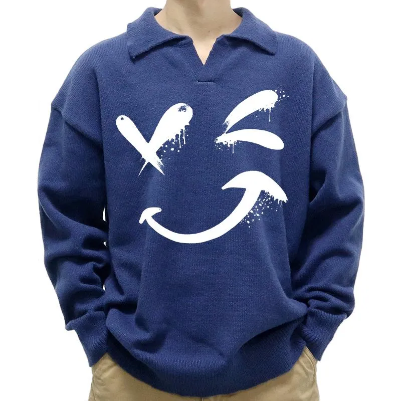 Men's Casual Polo Collar Smiley Print Long Sleeve Pullover Sweater 76317825M sold by Manly