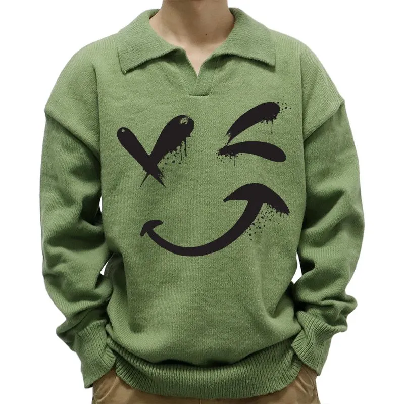 Men's Casual Polo Collar Smiley Print Long Sleeve Pullover Sweater 76317825M sold by Manly product image thumbnail 3