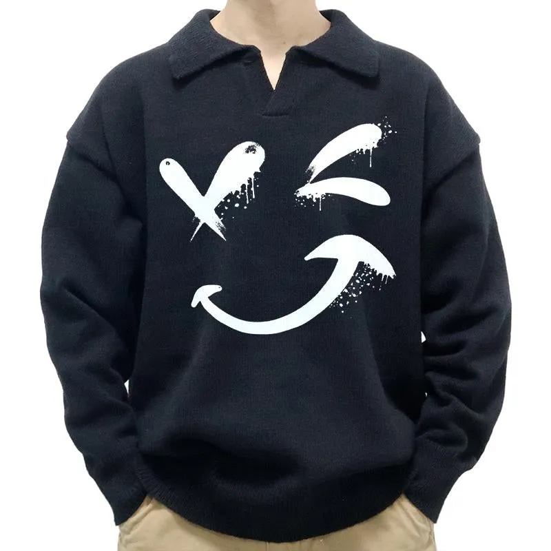Men's Casual Polo Collar Smiley Print Long Sleeve Pullover Sweater 76317825M sold by Manly product image thumbnail 2