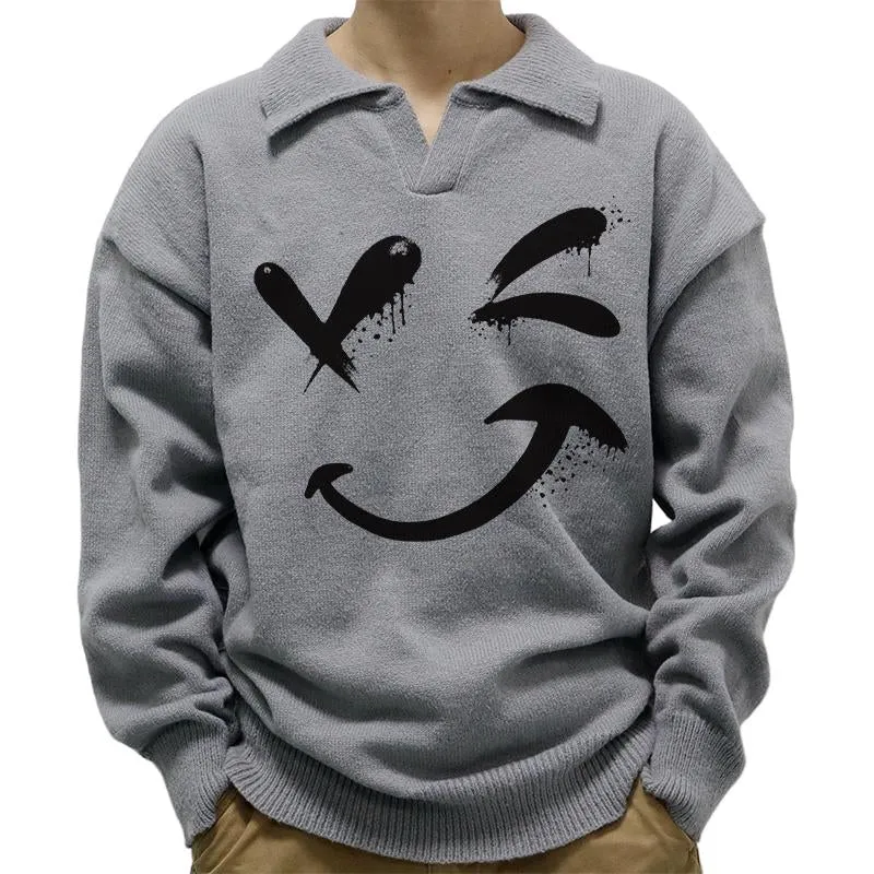 Men's Casual Polo Collar Smiley Print Long Sleeve Pullover Sweater 76317825M sold by Manly product image thumbnail 5
