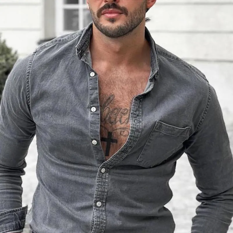 Men's Solid Chest Pocket Denim Long Sleeve Shirt 24368559Y sold by Manly product image thumbnail 2