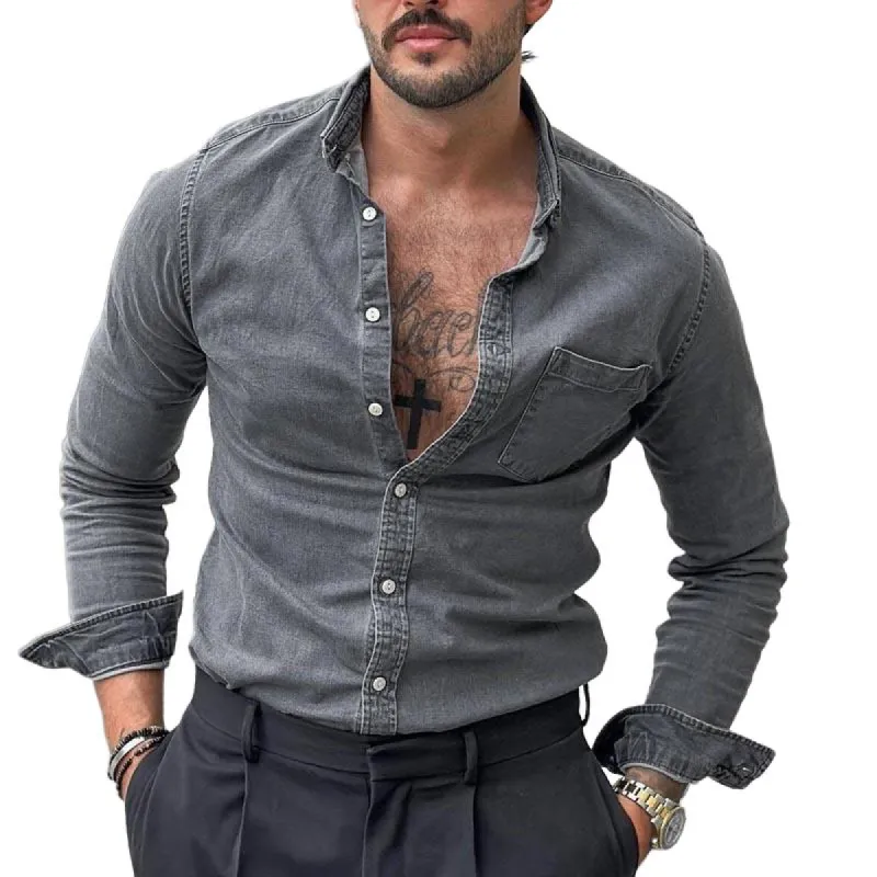 Men's Solid Chest Pocket Denim Long Sleeve Shirt 24368559Y sold by Manly