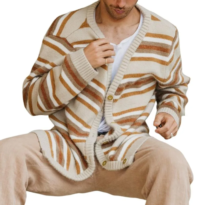 Men's Casual Contrast Stripe Jacquard Single-breasted Loose Knitted Cardigan 93800655M sold by Manly