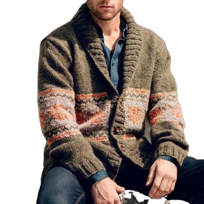 Men's Lapel Vintage Jacquard Long Sleeve Knit Cardigan 43949822M sold by Manly