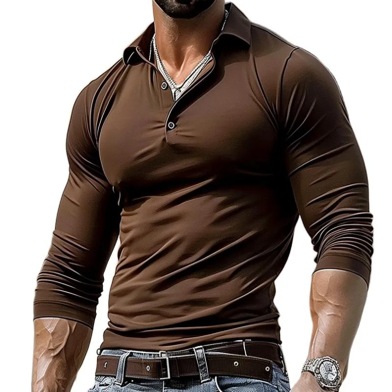 Men's Retro Casual Solid Color Lapel Long Sleeve T-Shirt 26313644TO sold by Manly