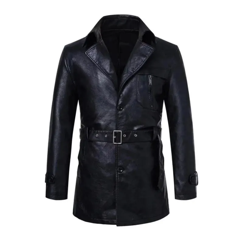 Men's Vintage Notched Lapel Single Breasted Belt Mid-Length Leather Trench Coat 96458925M sold by Manly