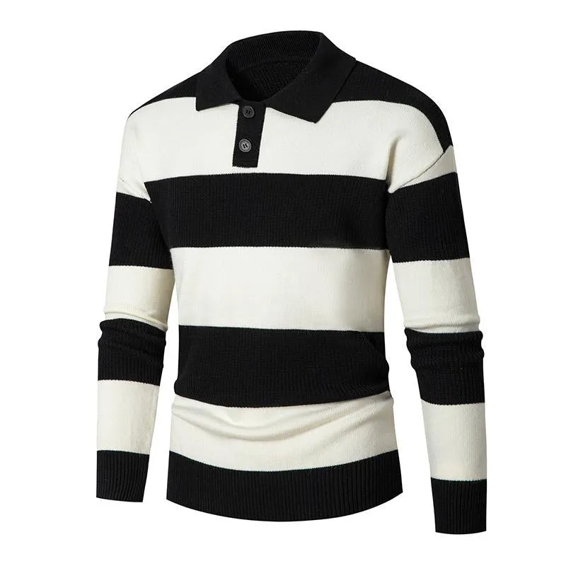 Men's Casual Contrast Color Striped Polo Collar Long Sleeve Loose Sweater 13307346M sold by Manly product image thumbnail 2