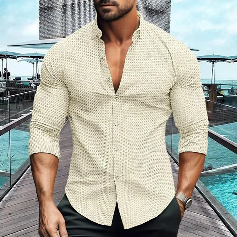 Men's Solid Color Lapel Long Sleeve Waffle Casual Shirt 69333697Z sold by Manly product image thumbnail 4